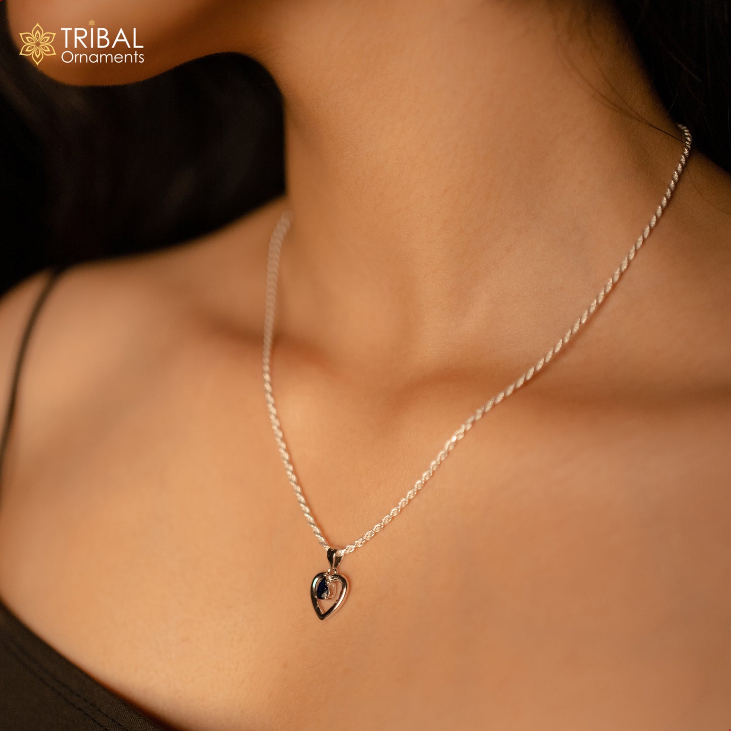 925 Sterling silver blue diamond (sapphire) with heart shape pendant set nsp968