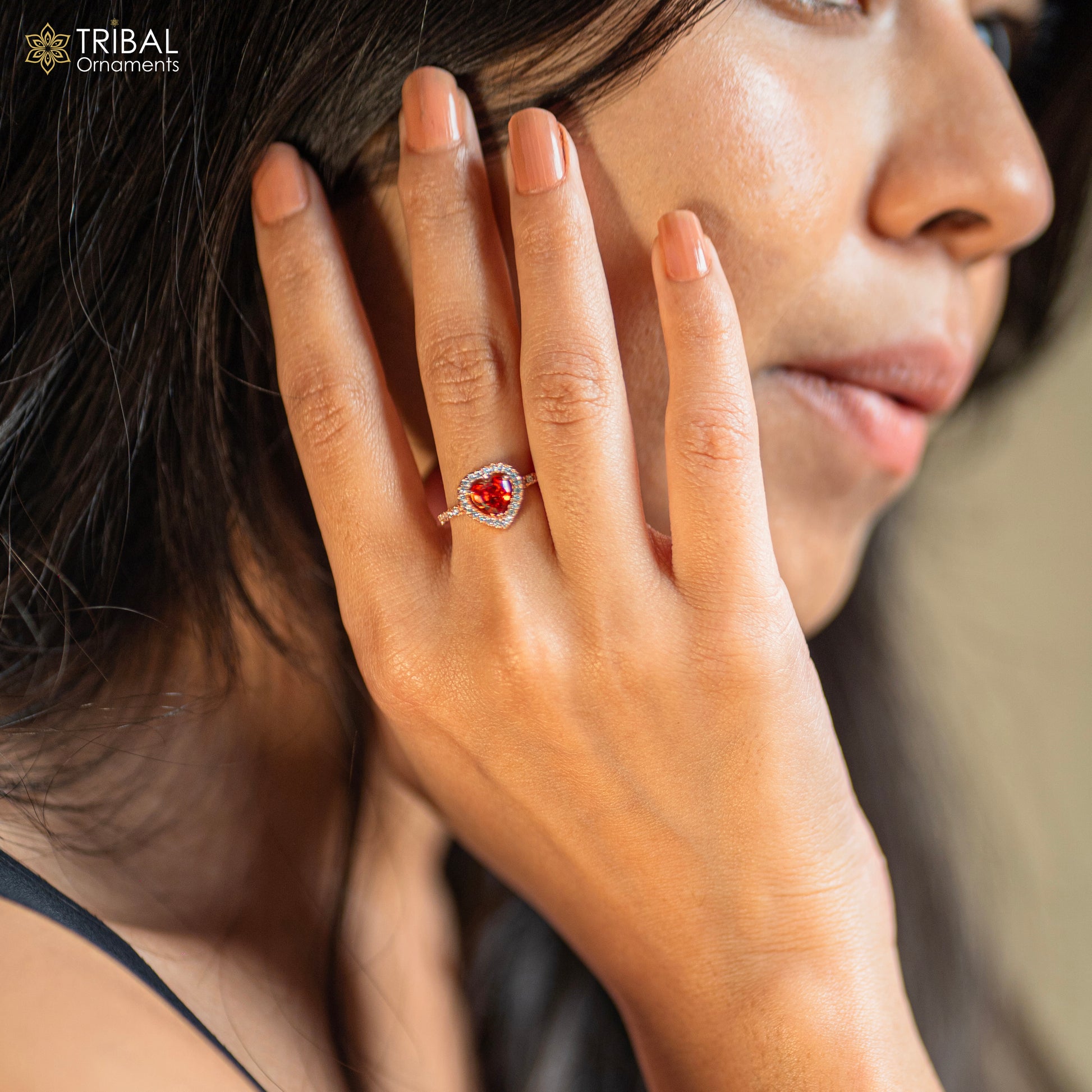 Red diamond heart design rose gold silver ring - TRIBAL ORNAMENTS