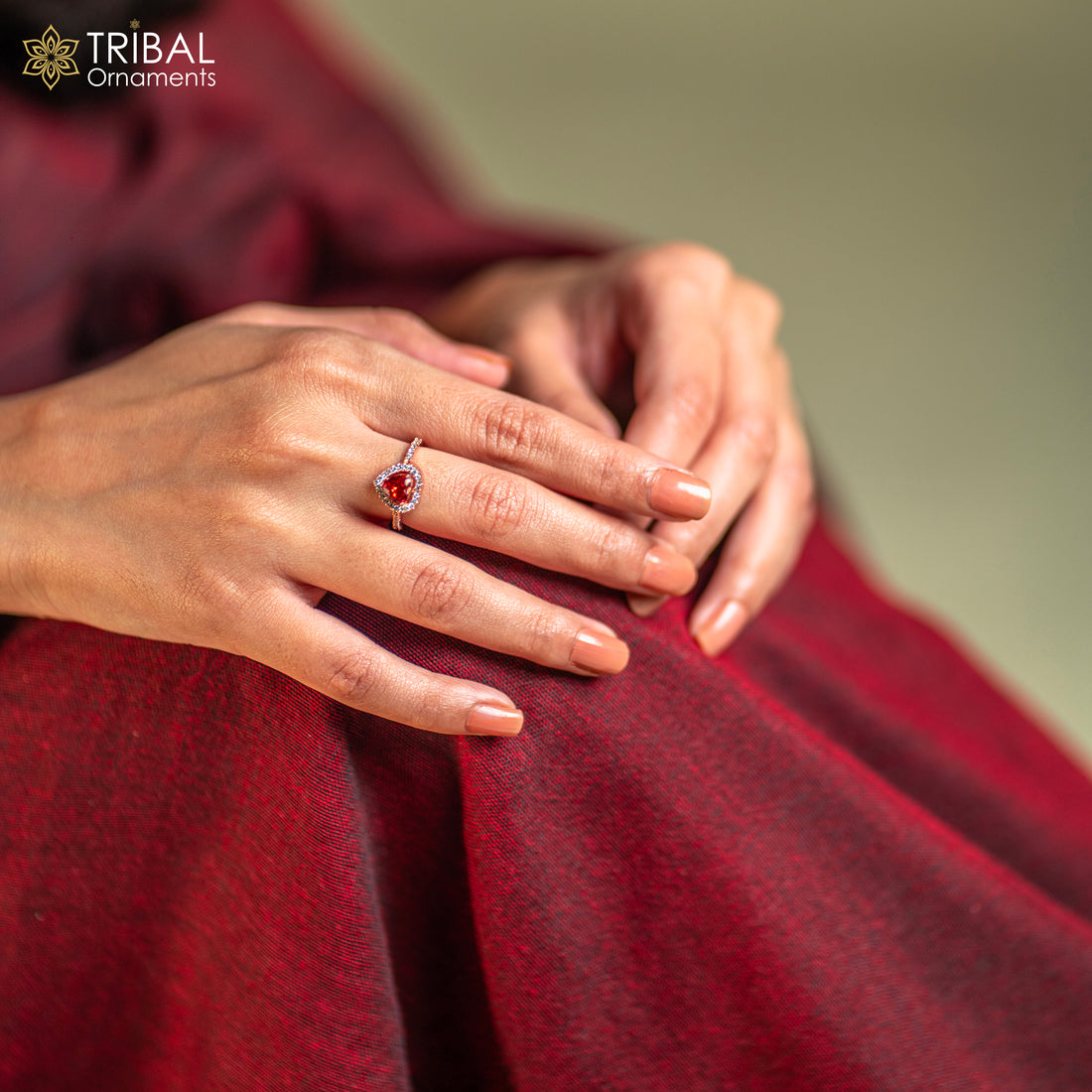 Red diamond heart design rose gold silver ring - TRIBAL ORNAMENTS