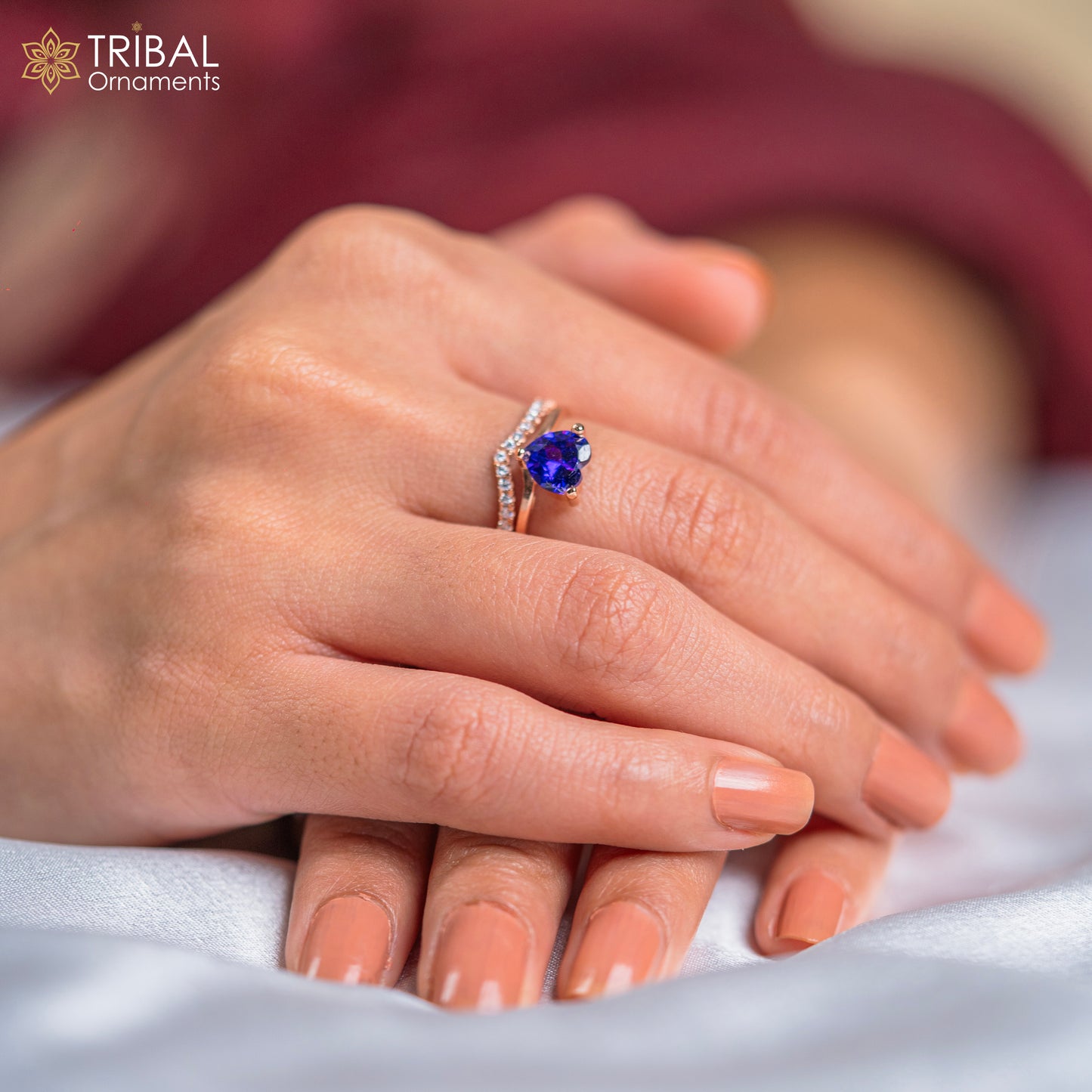 Blue diamond  heart design rose gold silver ring - TRIBAL ORNAMENTS