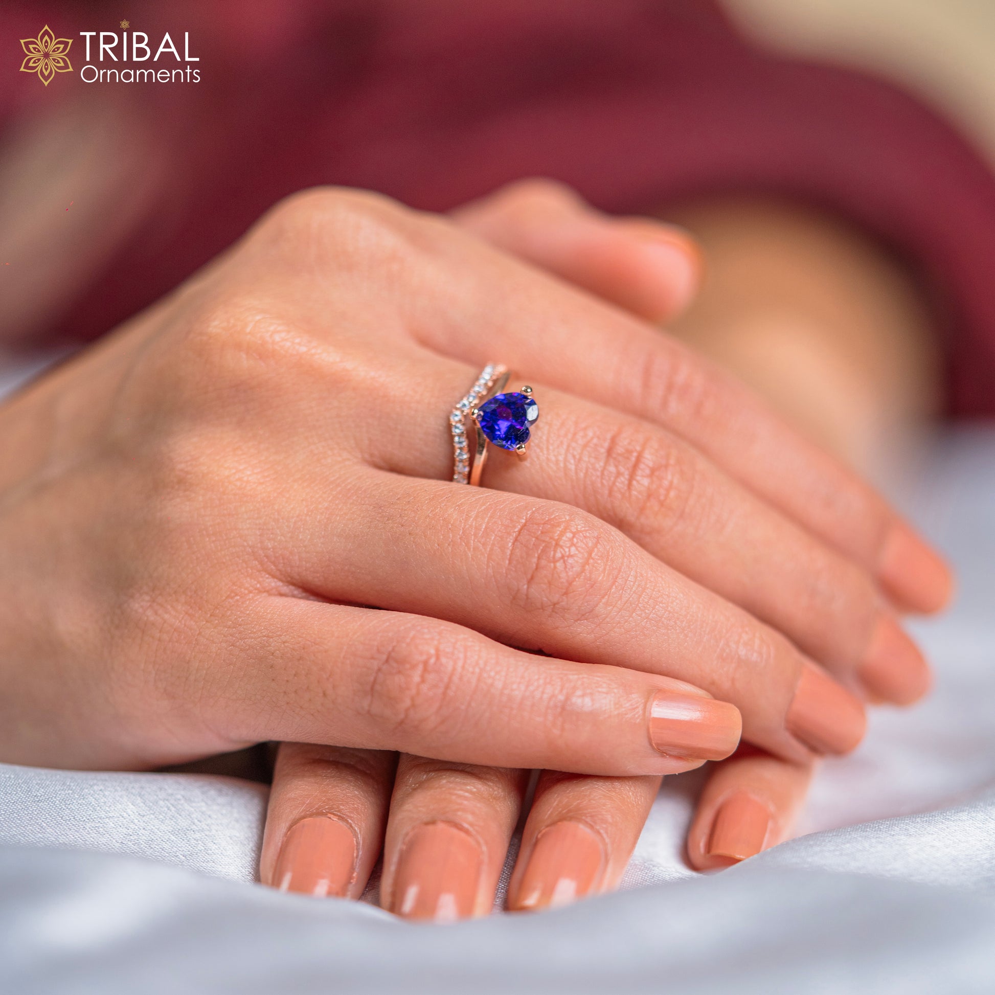 Blue diamond  heart design rose gold silver ring - TRIBAL ORNAMENTS