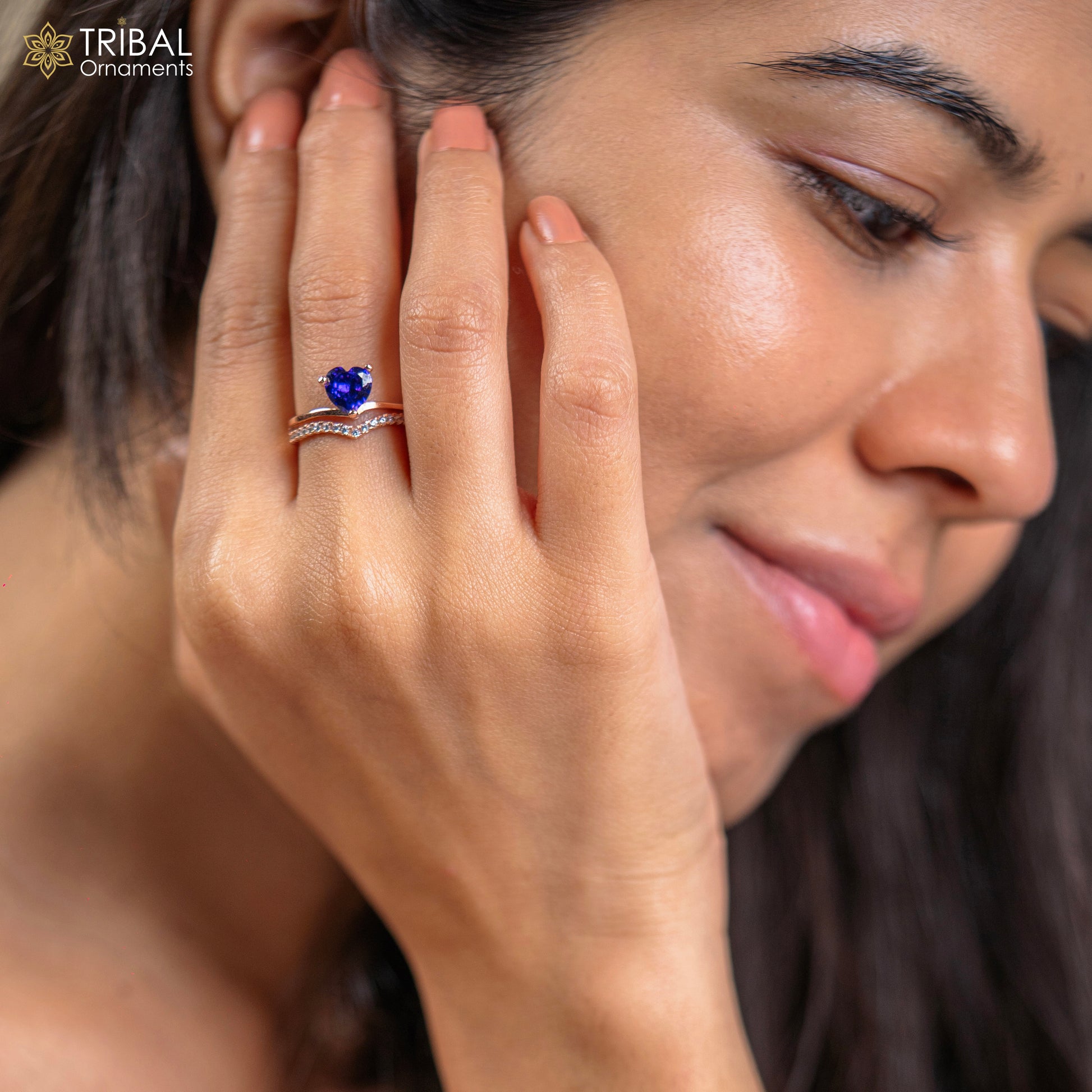 Blue diamond  heart design rose gold silver ring - TRIBAL ORNAMENTS