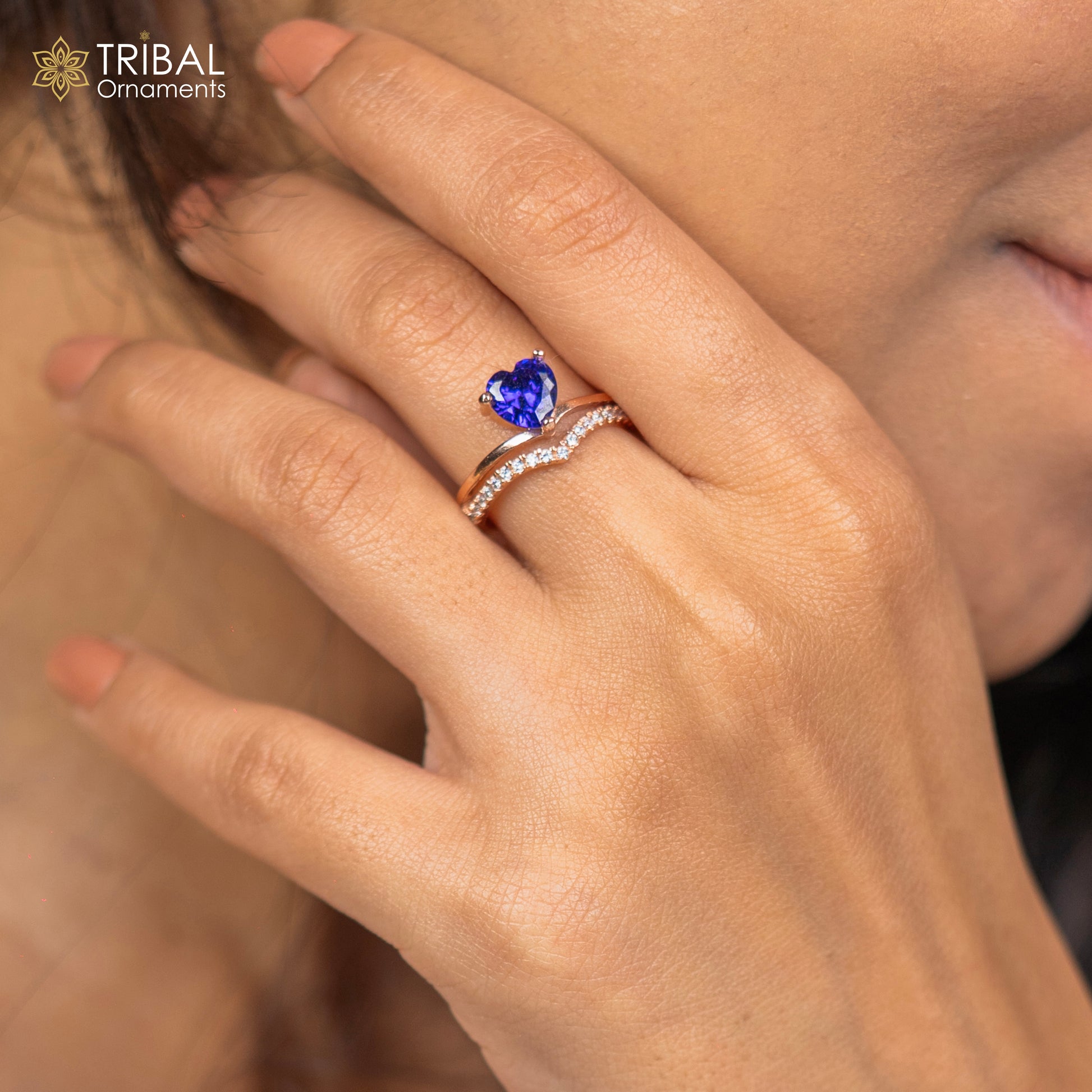 Blue diamond  heart design rose gold silver ring - TRIBAL ORNAMENTS