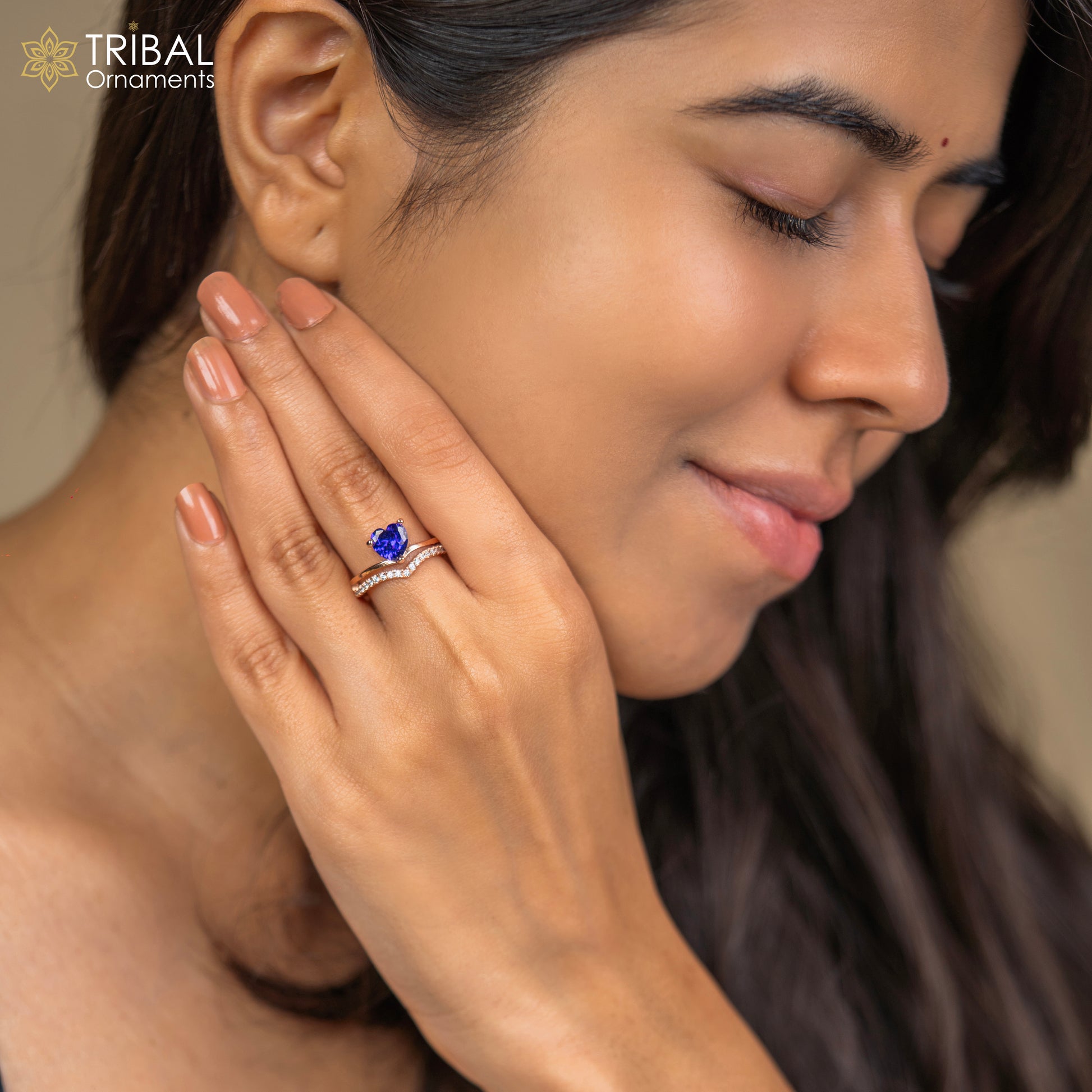 Blue diamond  heart design rose gold silver ring - TRIBAL ORNAMENTS