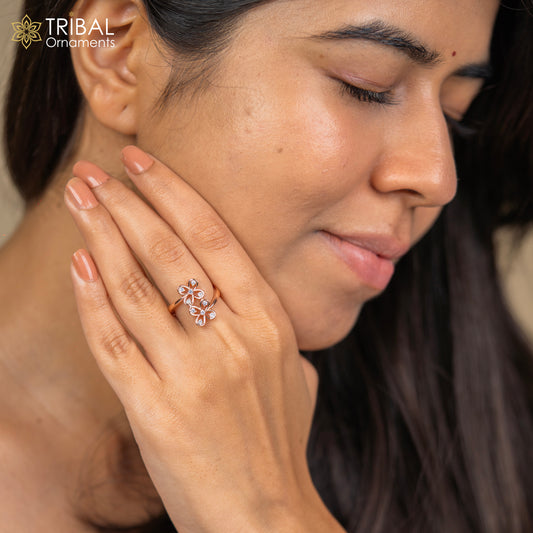 Flower shape diamond rose gold silver ring - TRIBAL ORNAMENTS