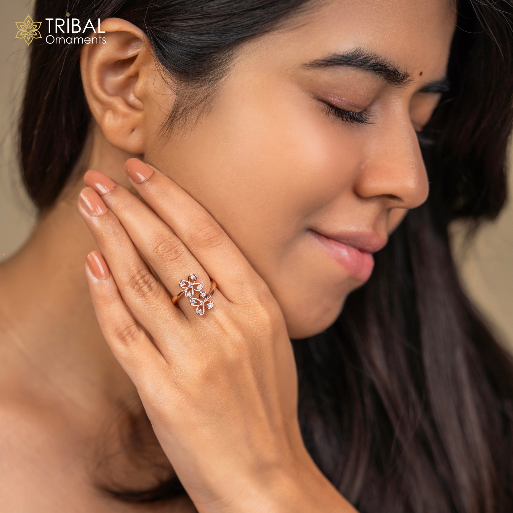 Flower shape diamond rose gold silver ring - TRIBAL ORNAMENTS