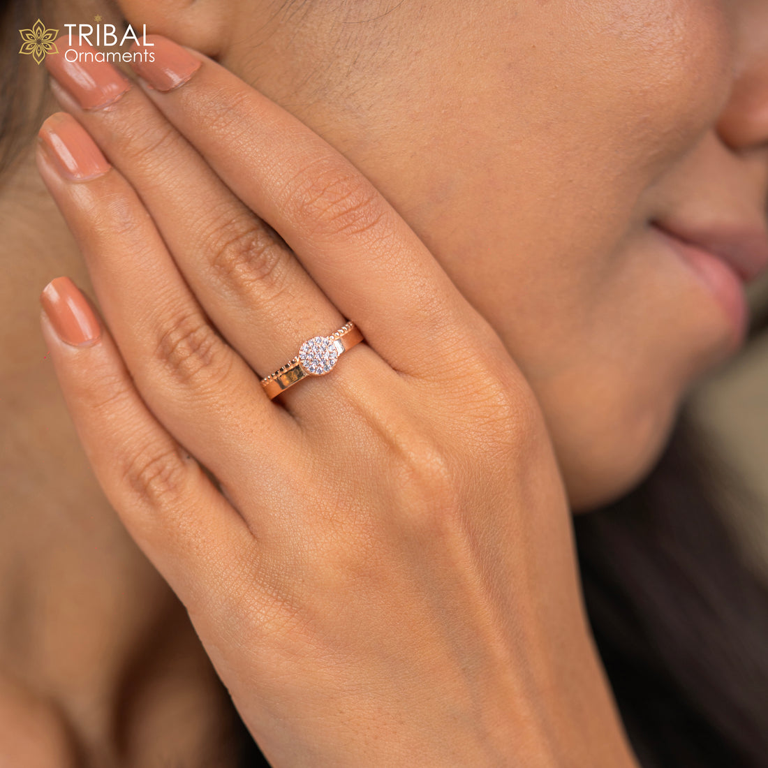 Round shape diamond rose gold silver ring - TRIBAL ORNAMENTS