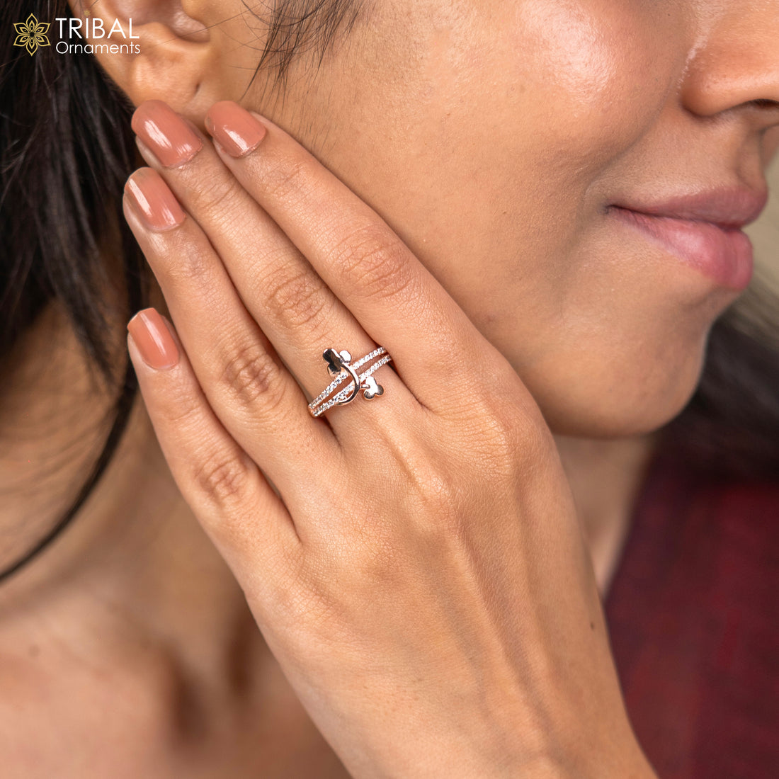 Flower design diamond rose gold silver ring - TRIBAL ORNAMENTS