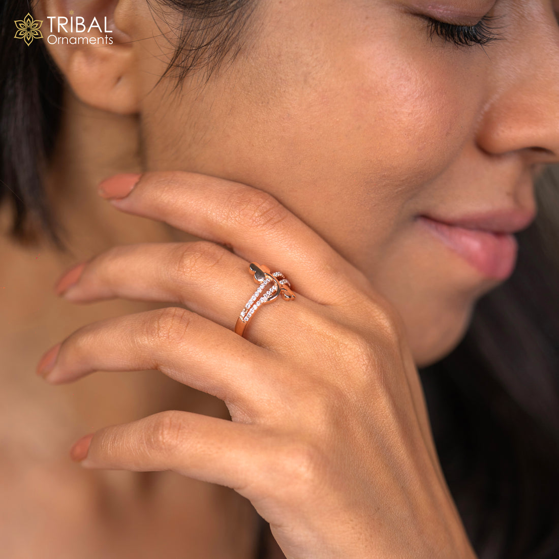 Flower design diamond rose gold silver ring - TRIBAL ORNAMENTS