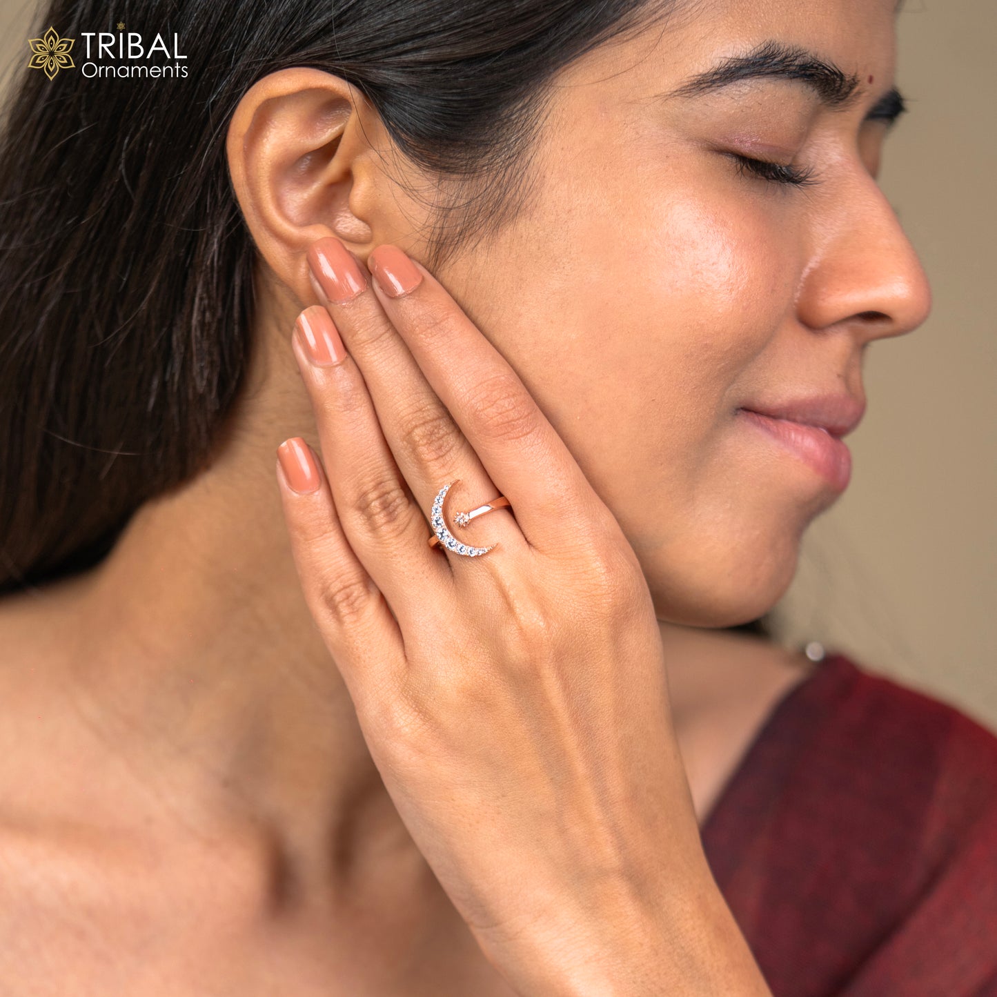 Moon and star design rose gold silver ring - TRIBAL ORNAMENTS