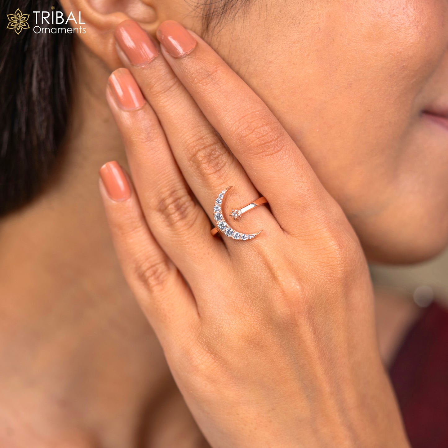 Moon and star design rose gold silver ring - TRIBAL ORNAMENTS