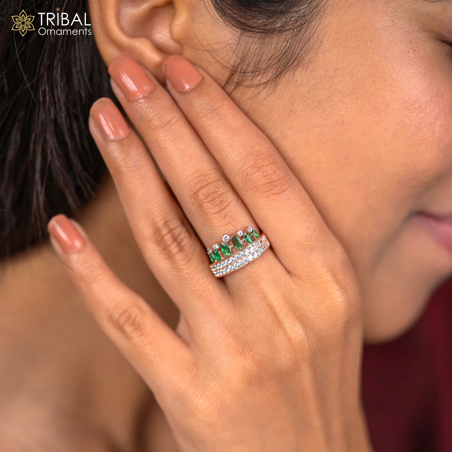 Emerald diamond rose gold ring - TRIBAL ORNAMENTS