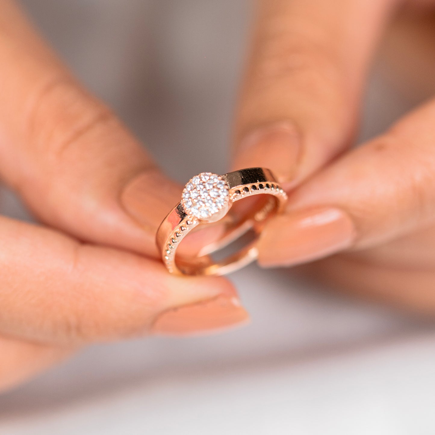 Round shape diamond rose gold silver ring