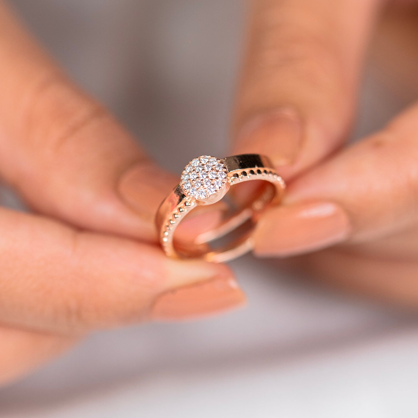 Round shape diamond rose gold silver ring