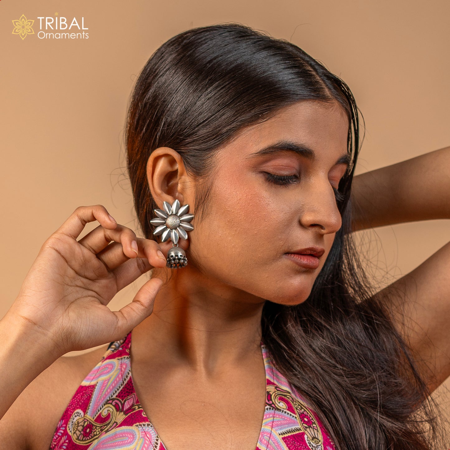 925 sterling silver large round flower design stud earring with hanging jhumka, best ethnic tribal jewelry s1108