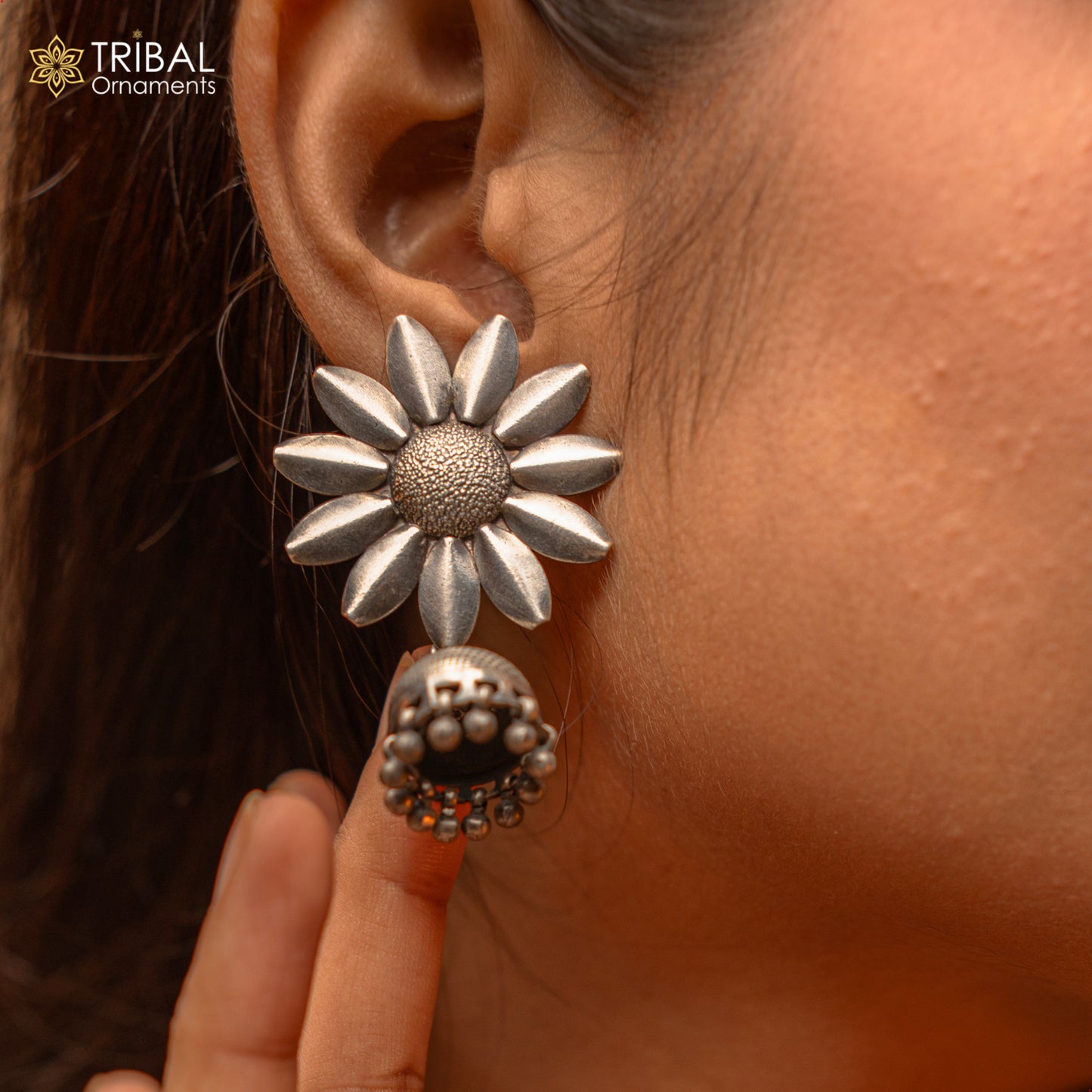 925 sterling silver large round flower design stud earring with hanging jhumka, best ethnic tribal jewelry s1108