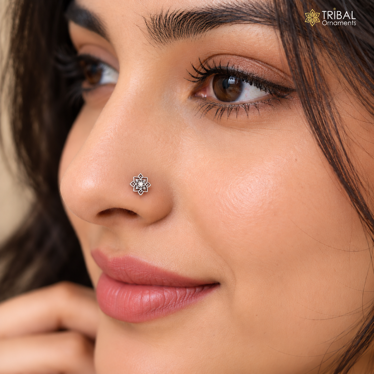 Sterling silver vintage flower-style nose pin with lotus design, tribal ethnic jewelry, delicate and intricate nose stud.