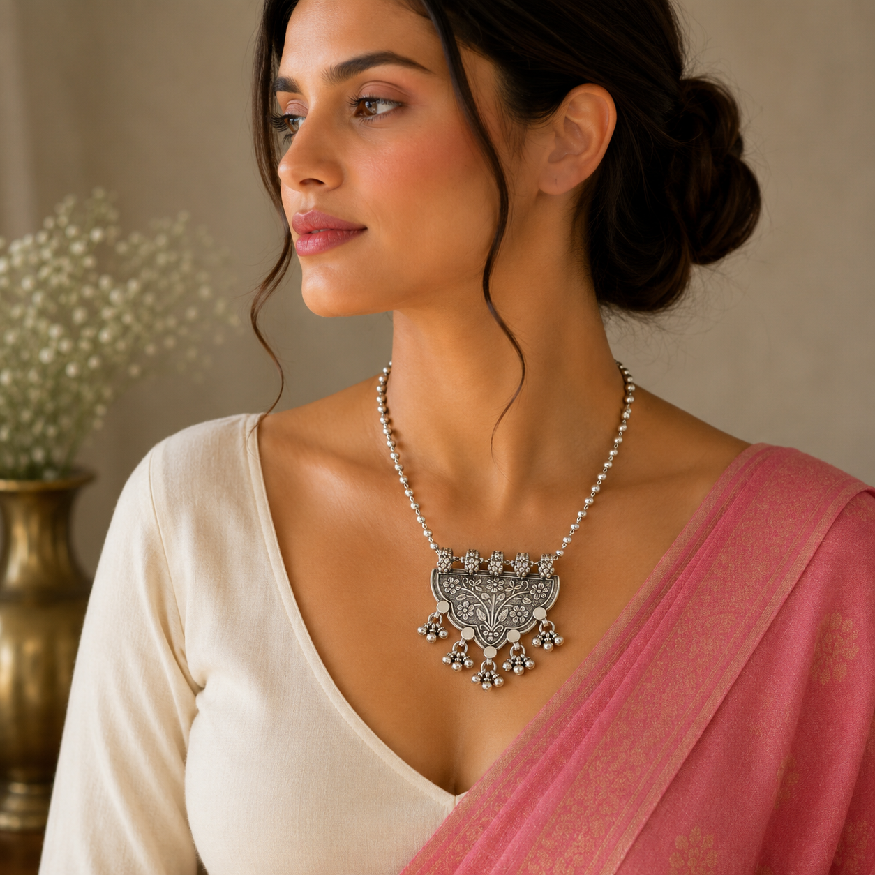 Delicate handmade Indian tribal silver necklace with traditional ethnic design, featuring intricate silver craftsmanship.