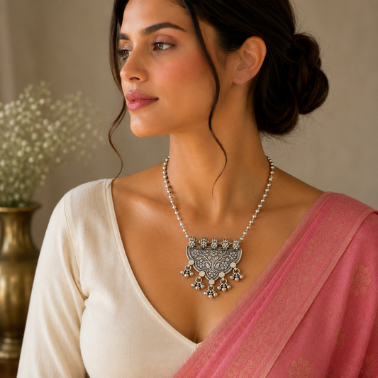 Delicate handmade Indian tribal silver necklace with traditional ethnic design, featuring intricate silver craftsmanship.