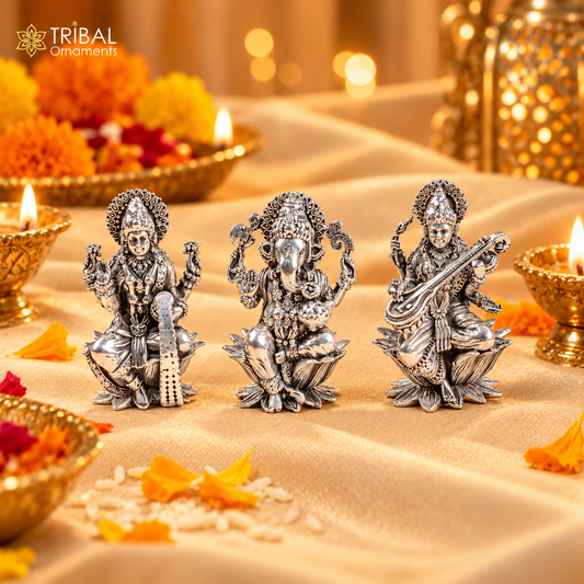 2" small 925 Sterling silver handmade customized Hindu idols Laxmi, Ganesha and Saraswati statue, puja article figurine, puja Article art126