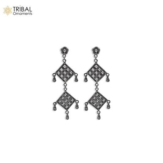 925 sterling silver ethnic  floral carved geometric design drop dangle earring banjara jewellery s1347