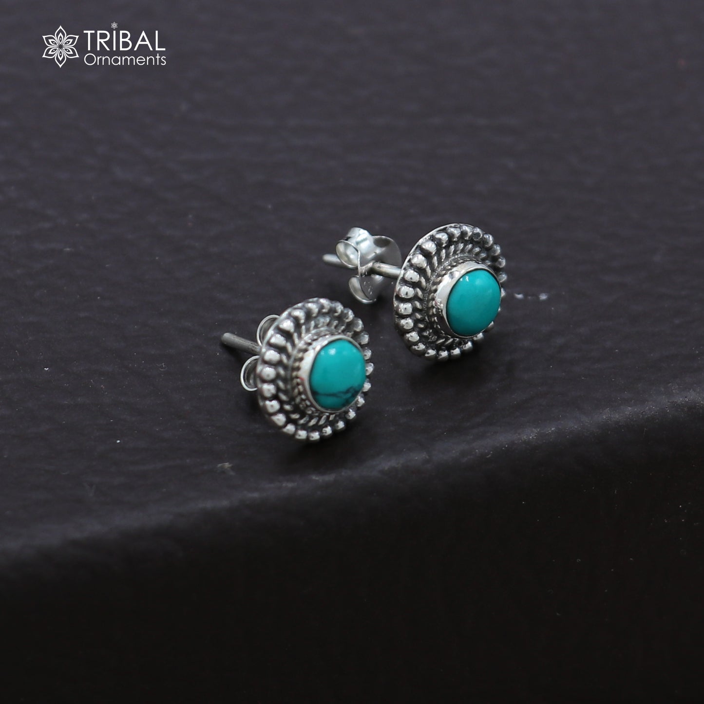 925 sterling silver round shape blue turquoise stone stud earring best unisex jewelry ER281