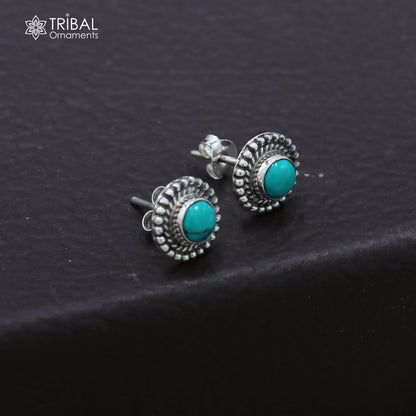 925 sterling silver round shape blue turquoise stone stud earring best unisex jewelry ER281