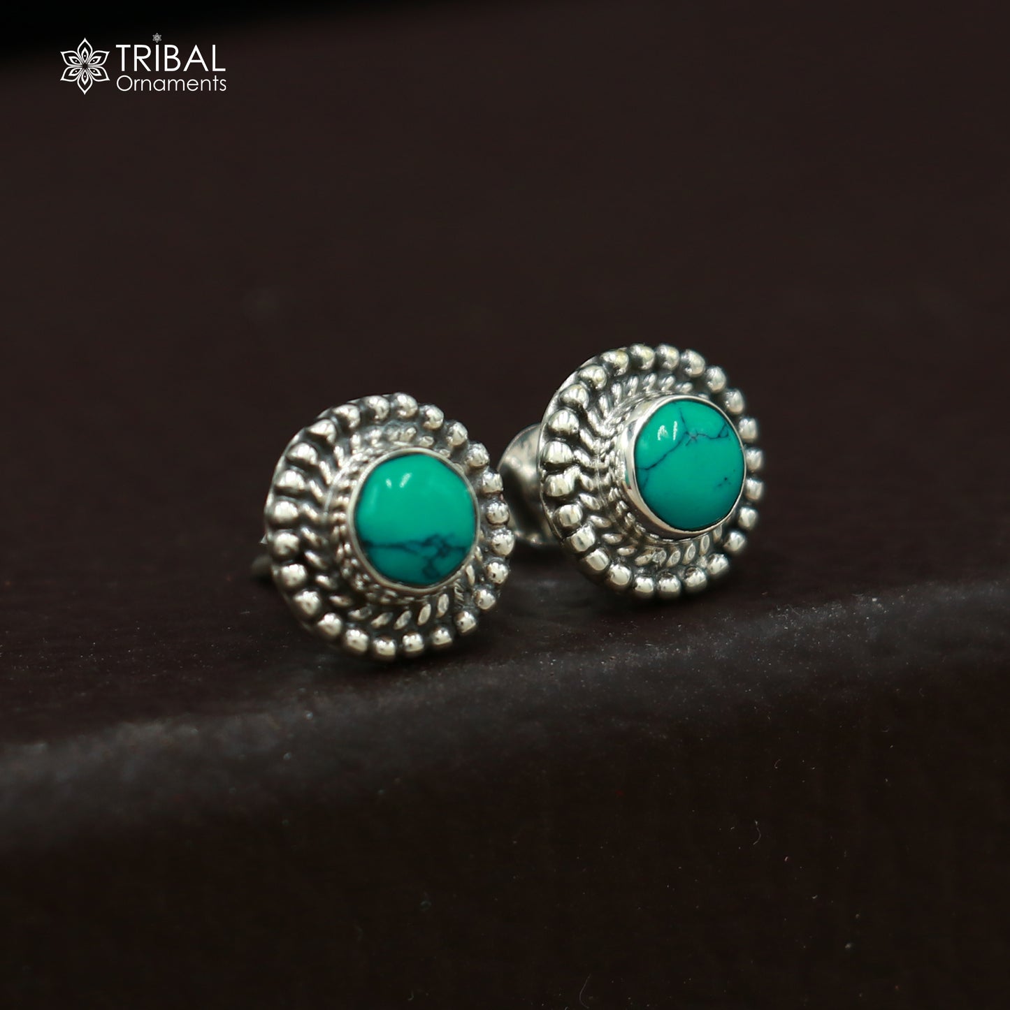 925 sterling silver round shape blue turquoise stone stud earring best unisex jewelry ER281