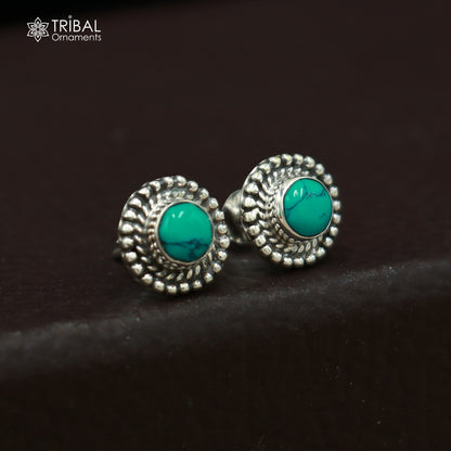 925 sterling silver round shape blue turquoise stone stud earring best unisex jewelry ER281