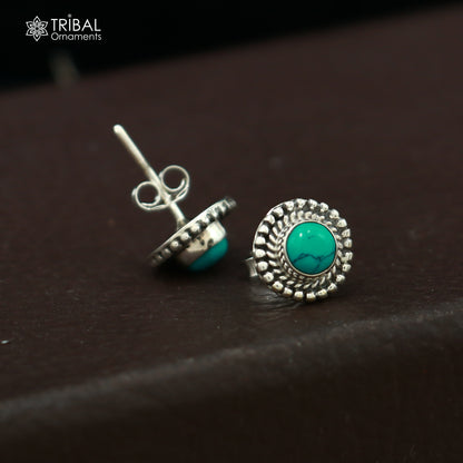 925 sterling silver round shape blue turquoise stone stud earring best unisex jewelry ER281
