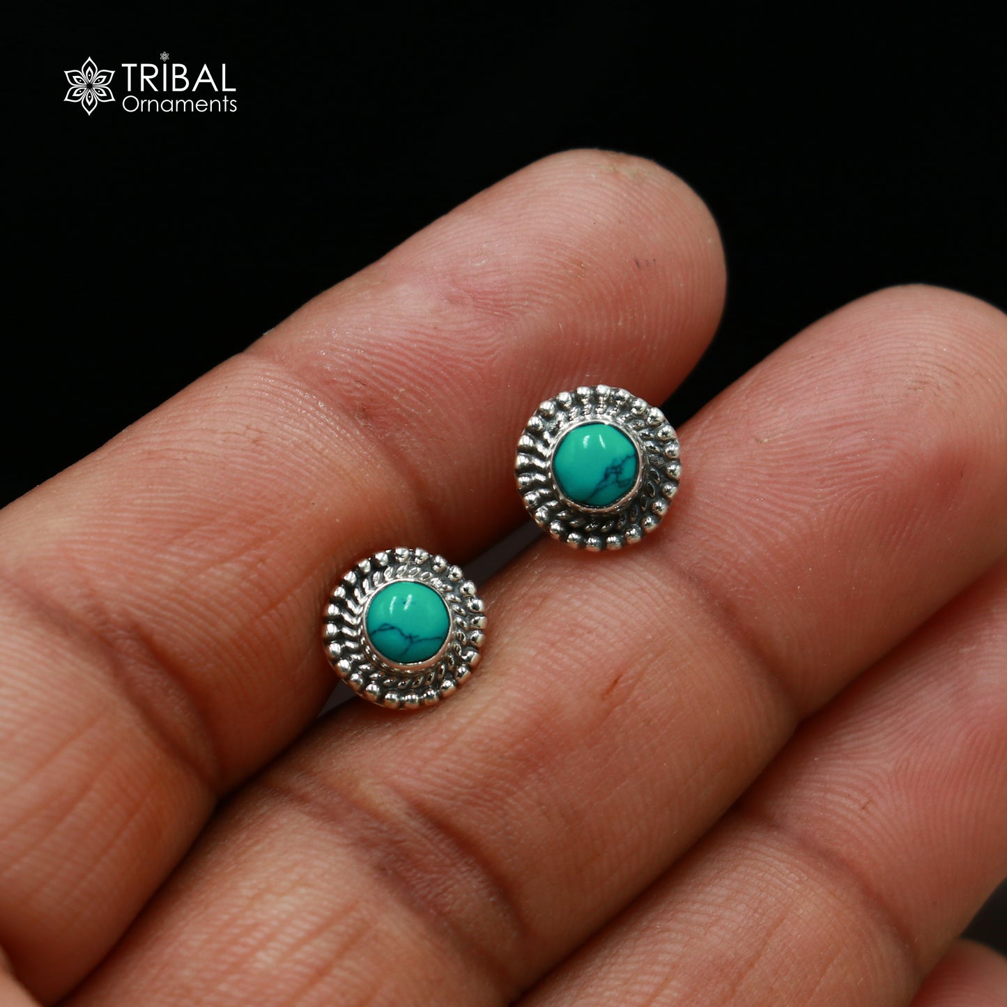 925 sterling silver round shape blue turquoise stone stud earring best unisex jewelry ER281