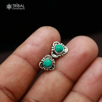 925 sterling silver round shape blue turquoise stone stud earring best unisex jewelry ER282