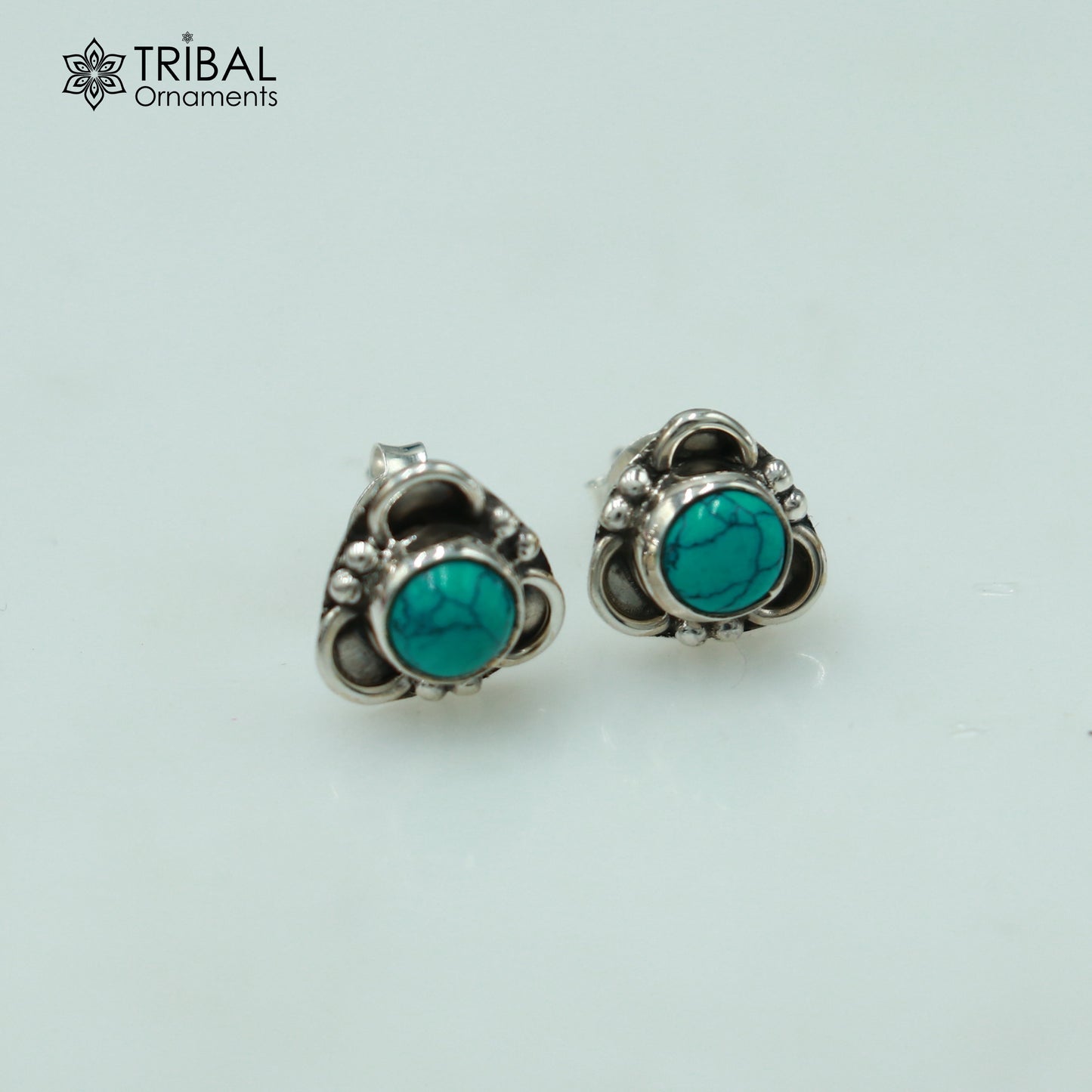 925 sterling silver round shape blue turquoise stone stud earring best unisex jewelry ER282
