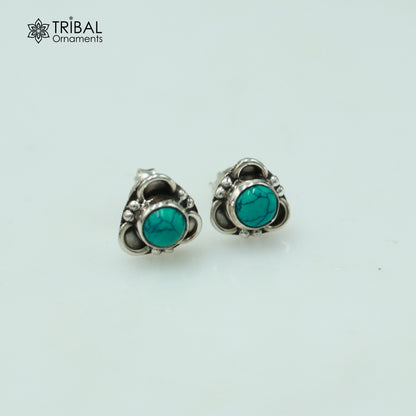 925 sterling silver round shape blue turquoise stone stud earring best unisex jewelry ER282