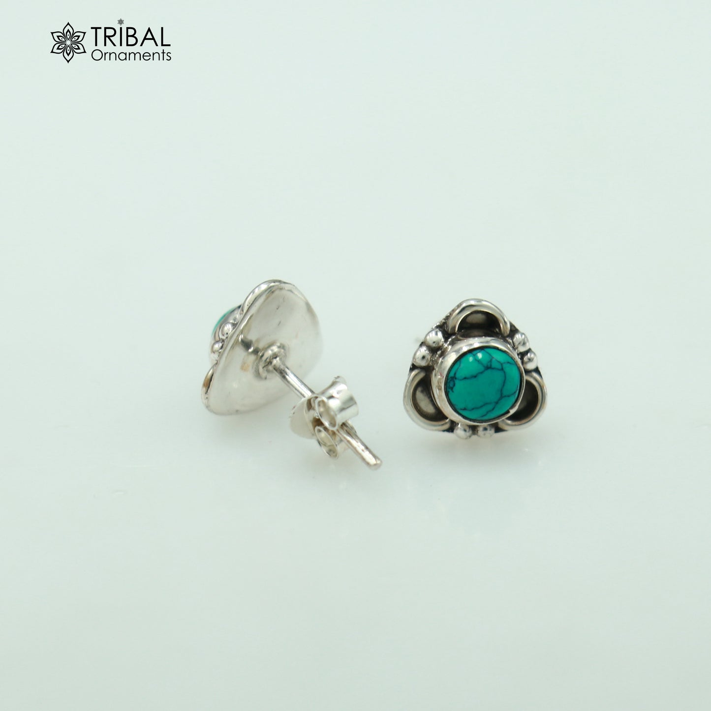 925 sterling silver round shape blue turquoise stone stud earring best unisex jewelry ER282