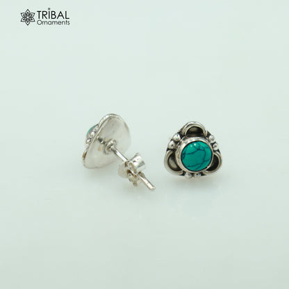 925 sterling silver round shape blue turquoise stone stud earring best unisex jewelry ER282