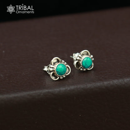 925 sterling silver round shape blue turquoise stone stud earring best unisex jewelry ER282