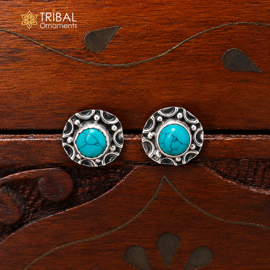 925 sterling silver round shape blue turquoise stone stud earring best unisex jewelry ER284