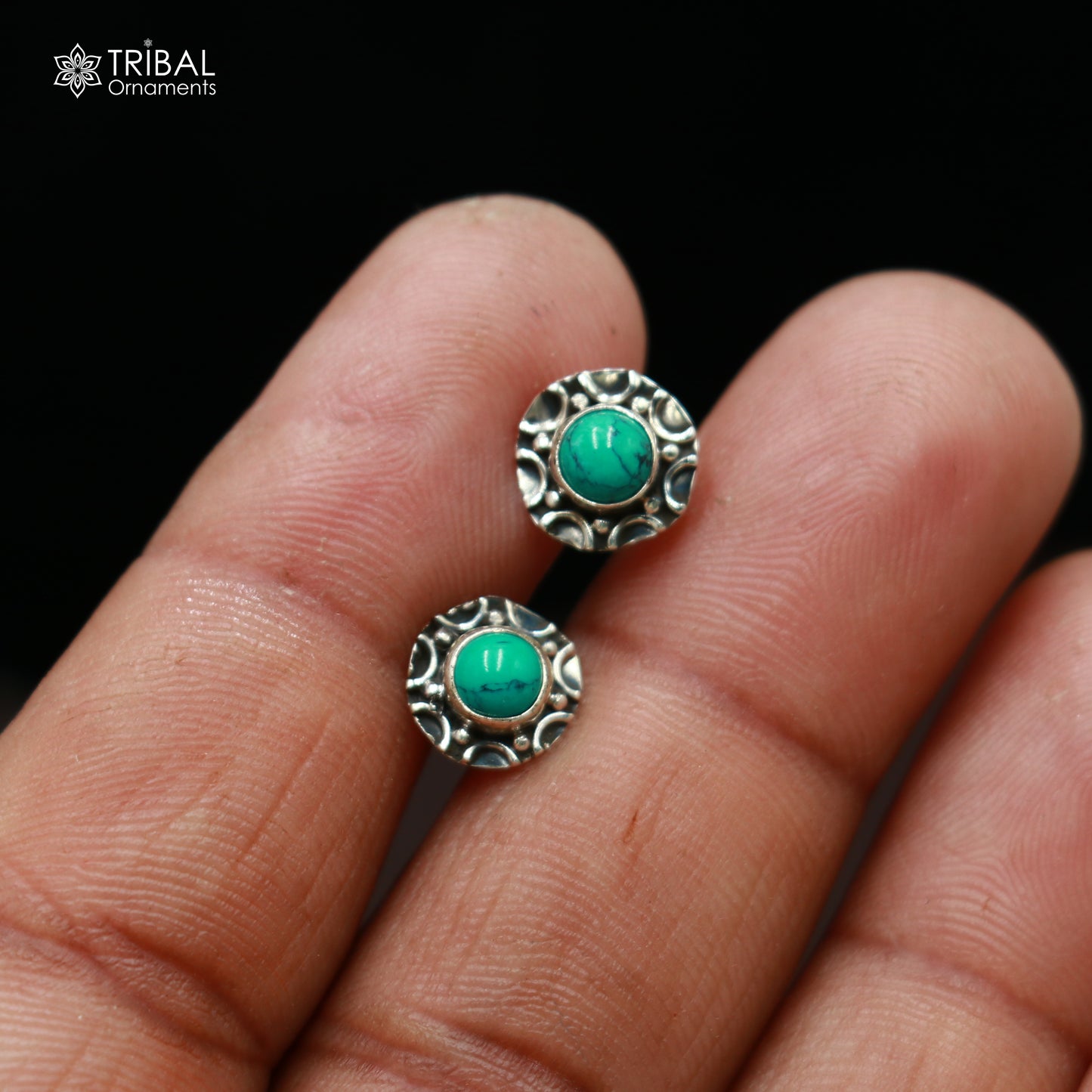 925 sterling silver round shape blue turquoise stone stud earring best unisex jewelry ER284