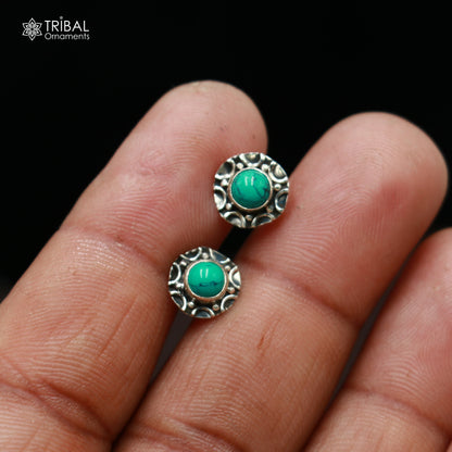 925 sterling silver round shape blue turquoise stone stud earring best unisex jewelry ER284