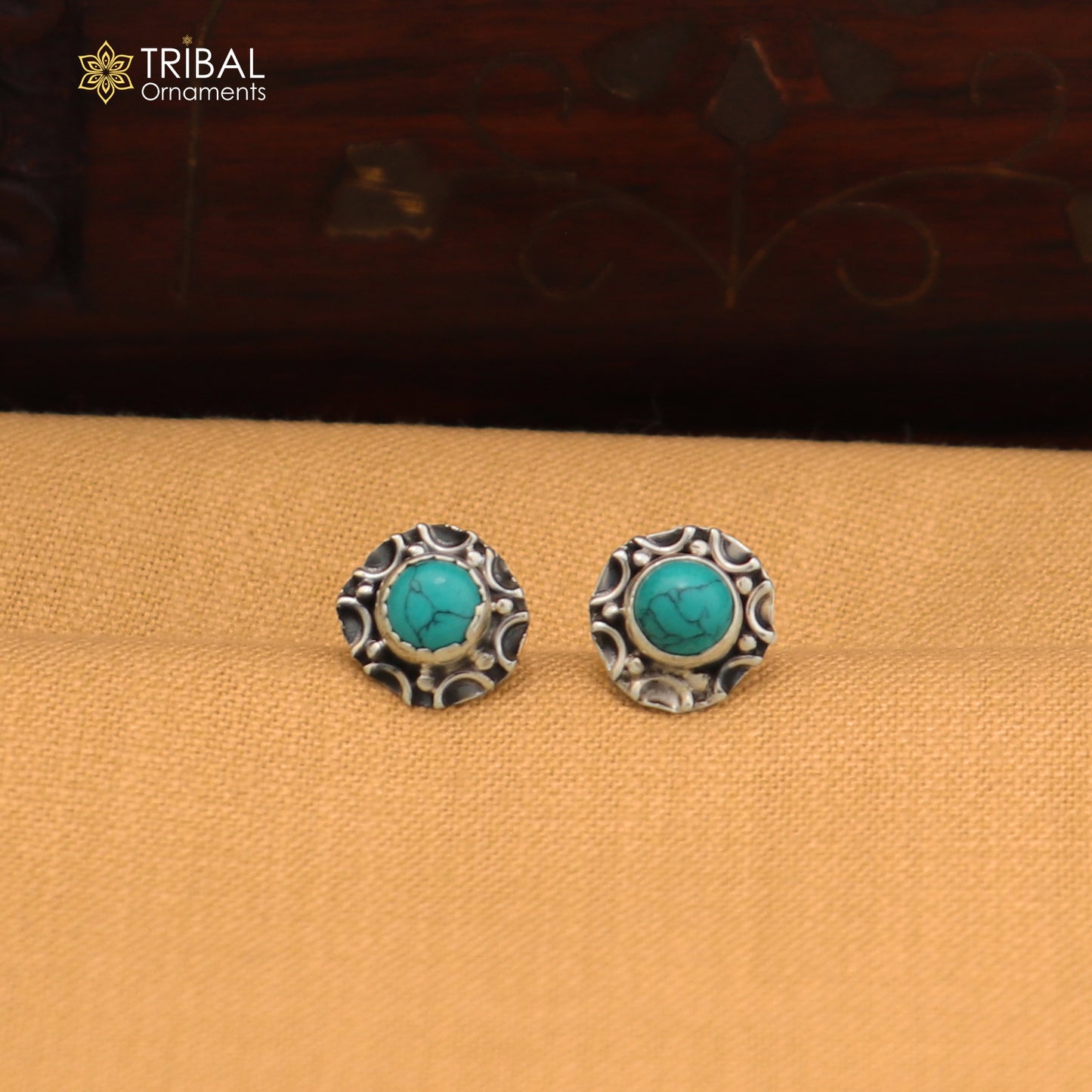 925 sterling silver round shape blue turquoise stone stud earring best unisex jewelry ER284