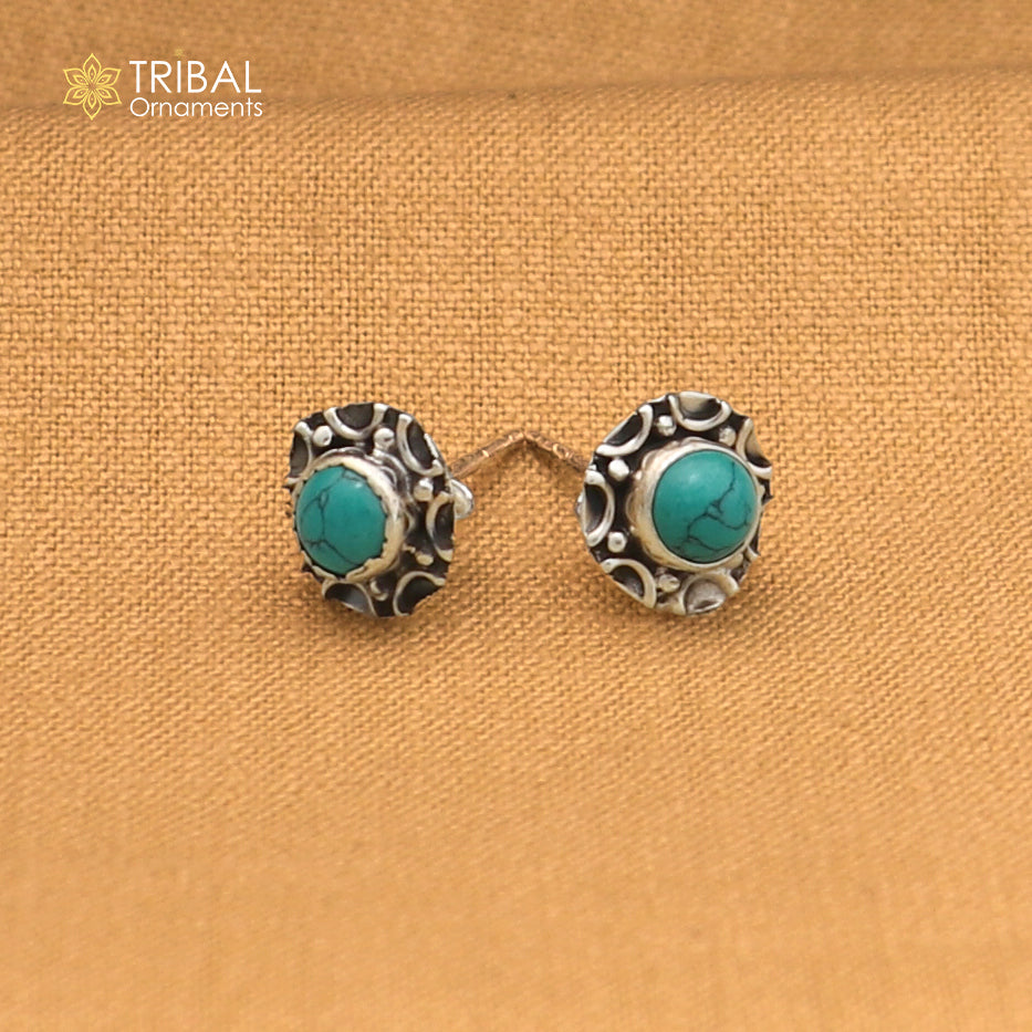 925 sterling silver round shape blue turquoise stone stud earring best unisex jewelry ER284