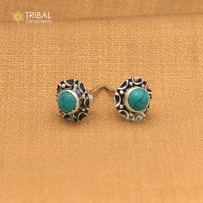 925 sterling silver round shape blue turquoise stone stud earring best unisex jewelry ER284