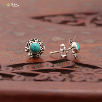 925 sterling silver round shape blue turquoise stone stud earring best unisex jewelry ER284