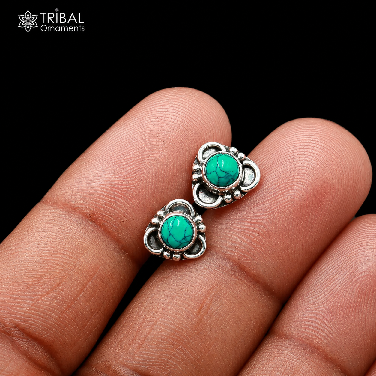 925 sterling silver round shape blue turquoise stone stud earring best unisex jewelry ER282