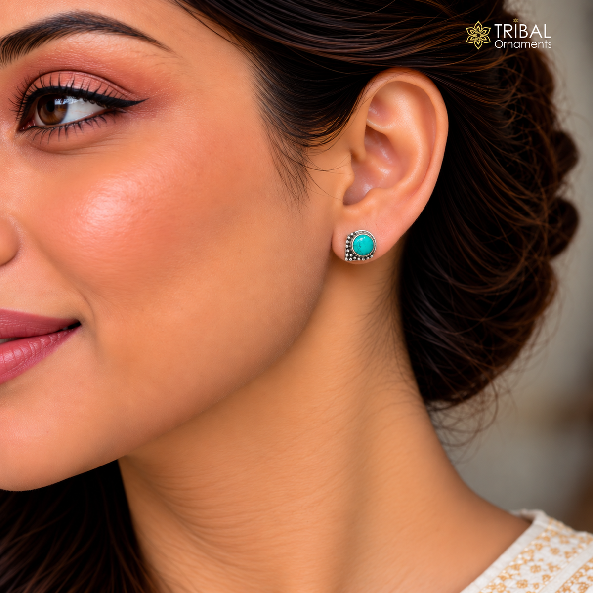 Sterling silver round blue turquoise stud earring by TRIBAL ORNAMENTS, unisex jewelry with polished finish and vibrant stone detail.
