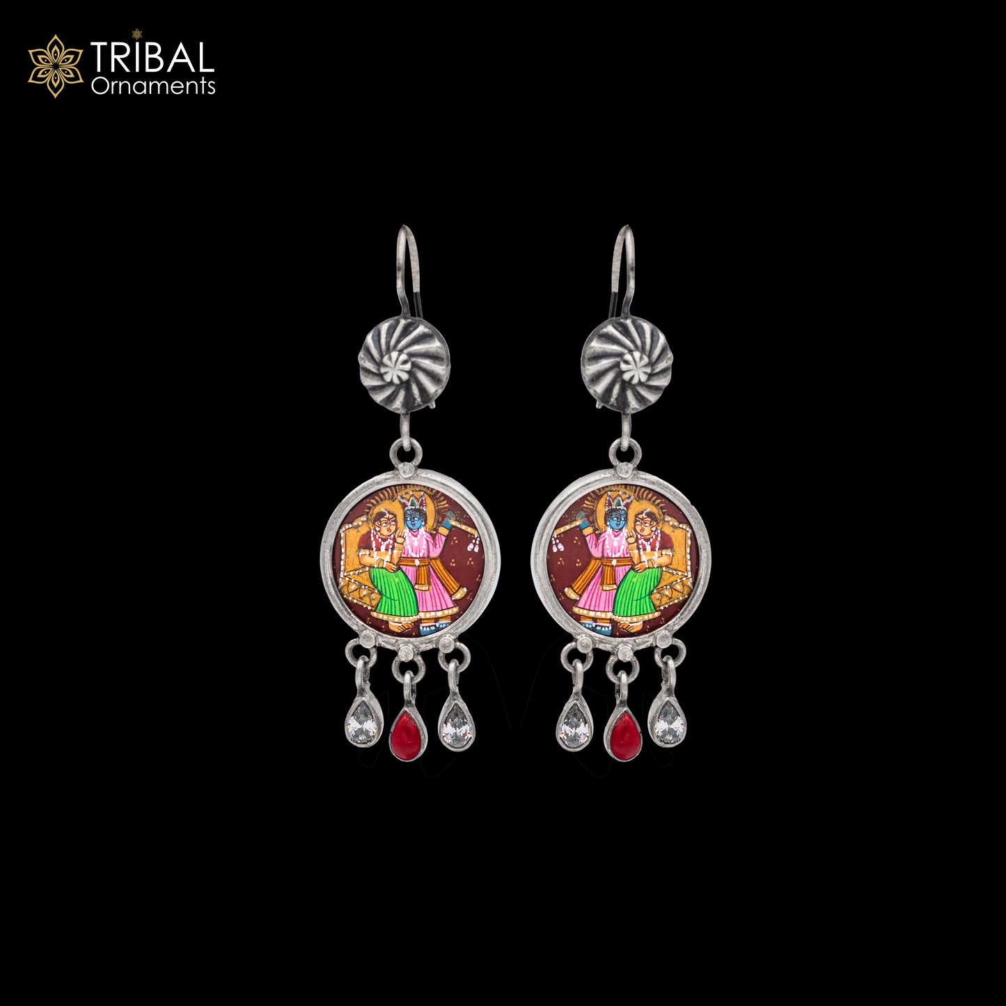 925 sterling silver lord Radha krishna painting miniature art Painting  drop dangle earring s1351