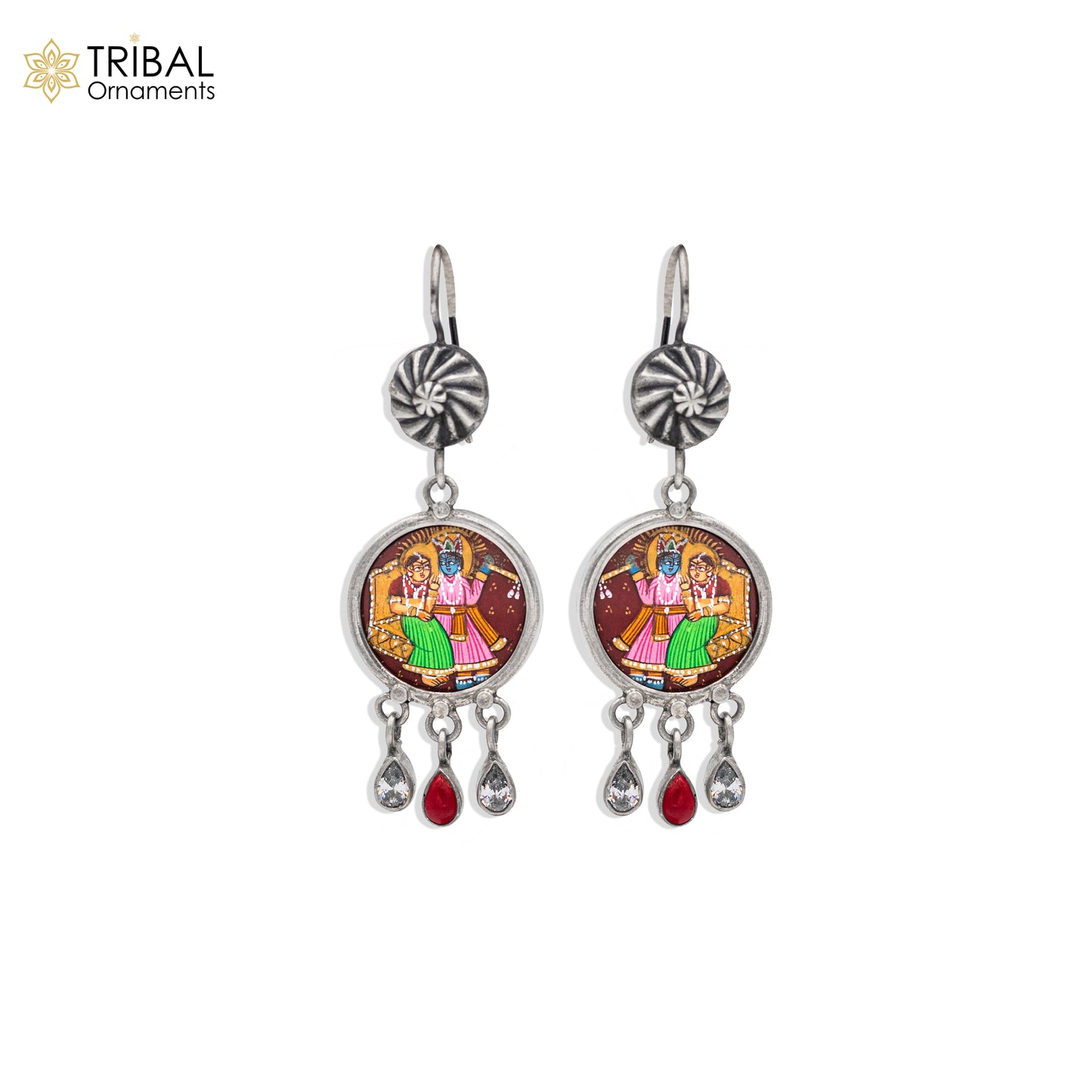 925 sterling silver lord Radha krishna painting miniature art Painting  drop dangle earring s1351