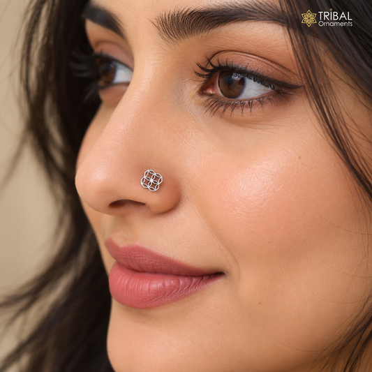 Elegant floral design 925 sterling silver nose pin with vintage tribal style jewelry, featuring intricate floral details and a delicate stud.