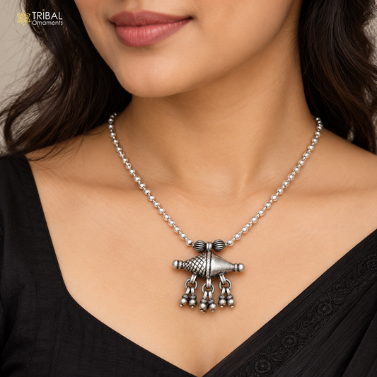 Elegant vintage tribal-style sterling silver beaded chain necklace with amulet pendant, crafted by TRIBAL ORNAMENTS.